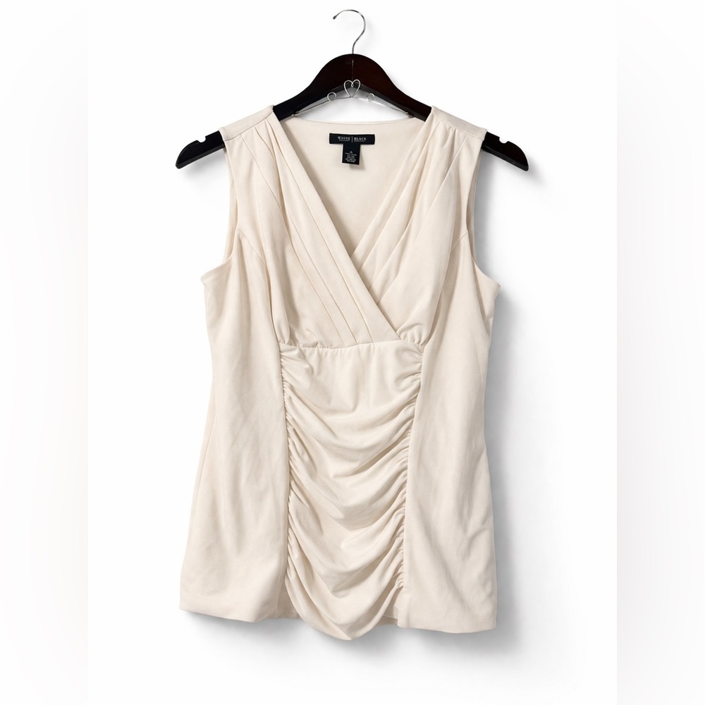 White House Black Market Ruched Sleeveless Blouse Top Ivory V Neck Size Medium